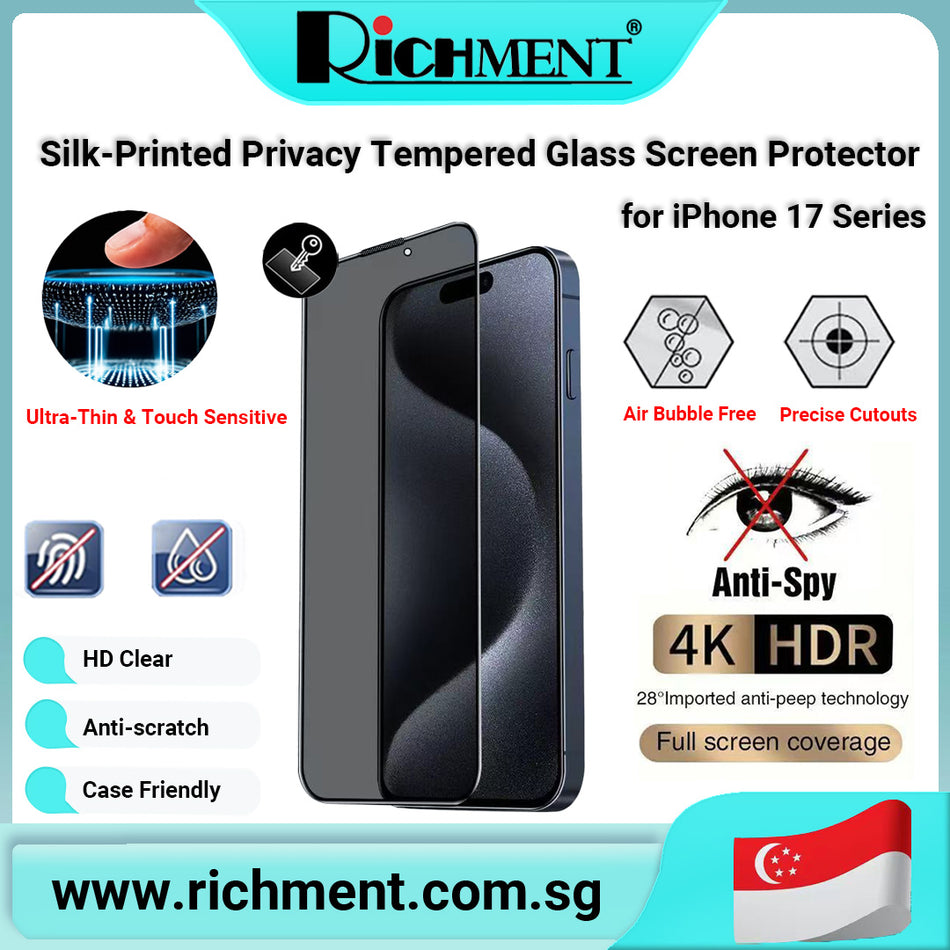 【✅SG Brand🔥】RICHMENT Silk-Printed Privacy Tempered Glass Screen Protector for iPhone 17 / 17 Plus / 17 Pro / 17 Pro Max – 9H Hardness, Anti-Spy, HD Clear, Scratch Resistant, Case Friendly, Face ID Compatible, Anti-Fingerprint, Smooth Touch, Full Coverage