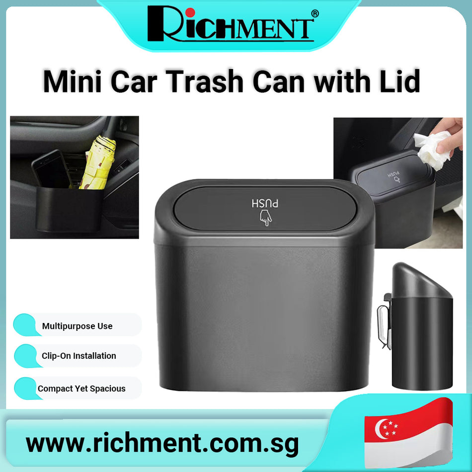 【✅SG Brand🔥】RICHMENT Car Trash Can with Lid for Vehicle – Mini Auto Rebound Garbage Bin, Push-to-Open Leakproof ABS Car Organizer, Small Waste Bin for Car Door, Seat Back & Console