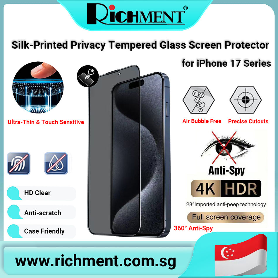 【✅SG Brand🔥】RICHMENT Silk-Printed Privacy Tempered Glass Screen Protector for iPhone 17 / 17 Plus / 17 Pro / 17 Pro Max – 9H Hardness, Anti-Spy, HD Clear, Scratch Resistant, Case Friendly, Face ID Compatible, Anti-Fingerprint, Smooth Touch, Full Coverage