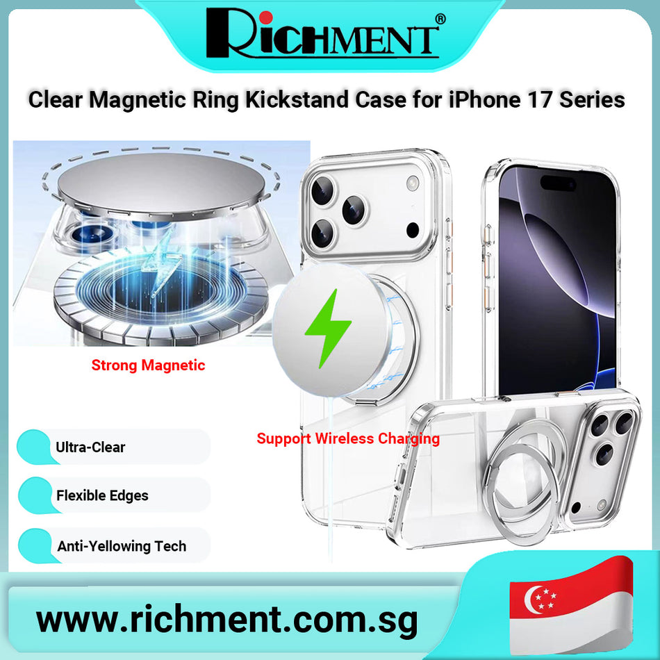【✅SG Brand🔥】RICHMENT Clear Magnetic Ring Kickstand Case for iPhone 17 / 17 Air / 17 Pro / 17 Pro Max, Strong Magnetic Adsorption with 38pcs N52SH Magnets, Support Wireless Charging, 360° Rotating Stand, Ultra-Clear Anti-Yellowing TPU Protective Cover