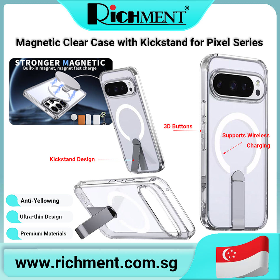 【✅SG Brand🔥】RICHMENT Magnetic Clear Phone Case with Kickstand for Google Pixel 9 Pro / Pixel 10 Pro – Shockproof TPU+PC Hybrid Slim Cover, Strong Magnetic Wireless Charging Compatible, Military Grade Drop Protection, Raised Edge Camera Guard