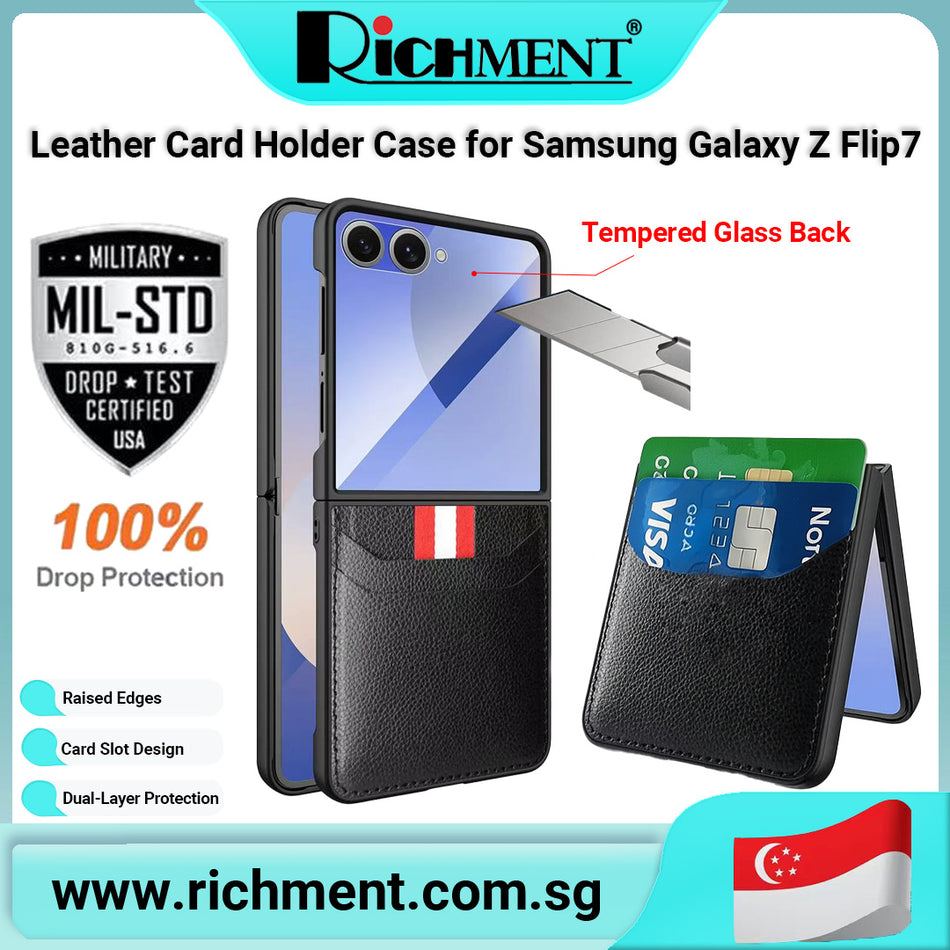 【✅SG Brand🔥】RICHMENT Ultra-Thin Leather Card Holder Case for Samsung Galaxy Z Flip7 – Shockproof Folding PC+TPU Cover with Glass Back, Hinge Protection & Wallet Slot