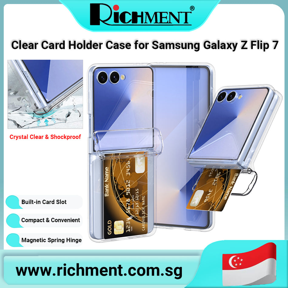 【✅SG Brand🔥】RICHMENT Galaxy Z Flip 7 Clear Card Holder Case – Magnetic Hinge Protection, Built-in 2-Card Wallet Slot, Shockproof Transparent Back Cover, Slim Hybrid TPU Shell
