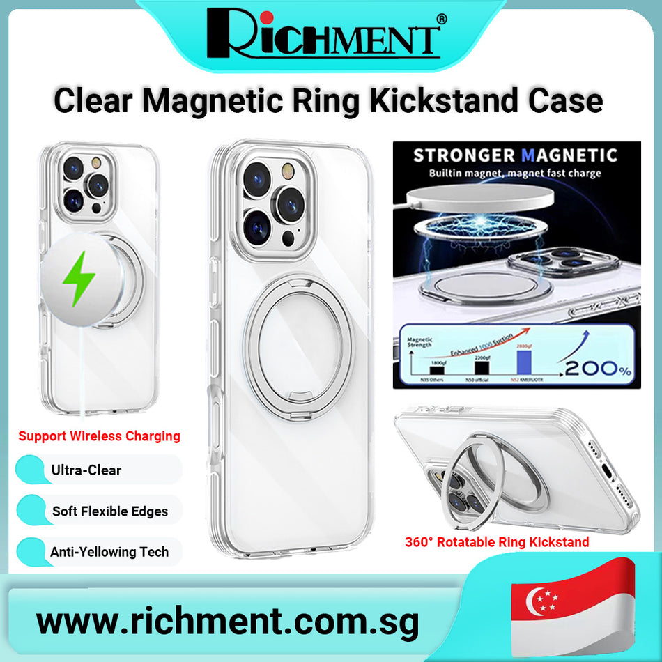 【✅SG Brand🔥】RICHMENT iPhone 16/16Plus/16Pro/16Pro Max Clear Magnetic Case with Kickstand – Strong Magnetic Ring, Shockproof Transparent Cover, 360° Rotatable Stand, Metal Lens Guard, Wireless Charging Compatible