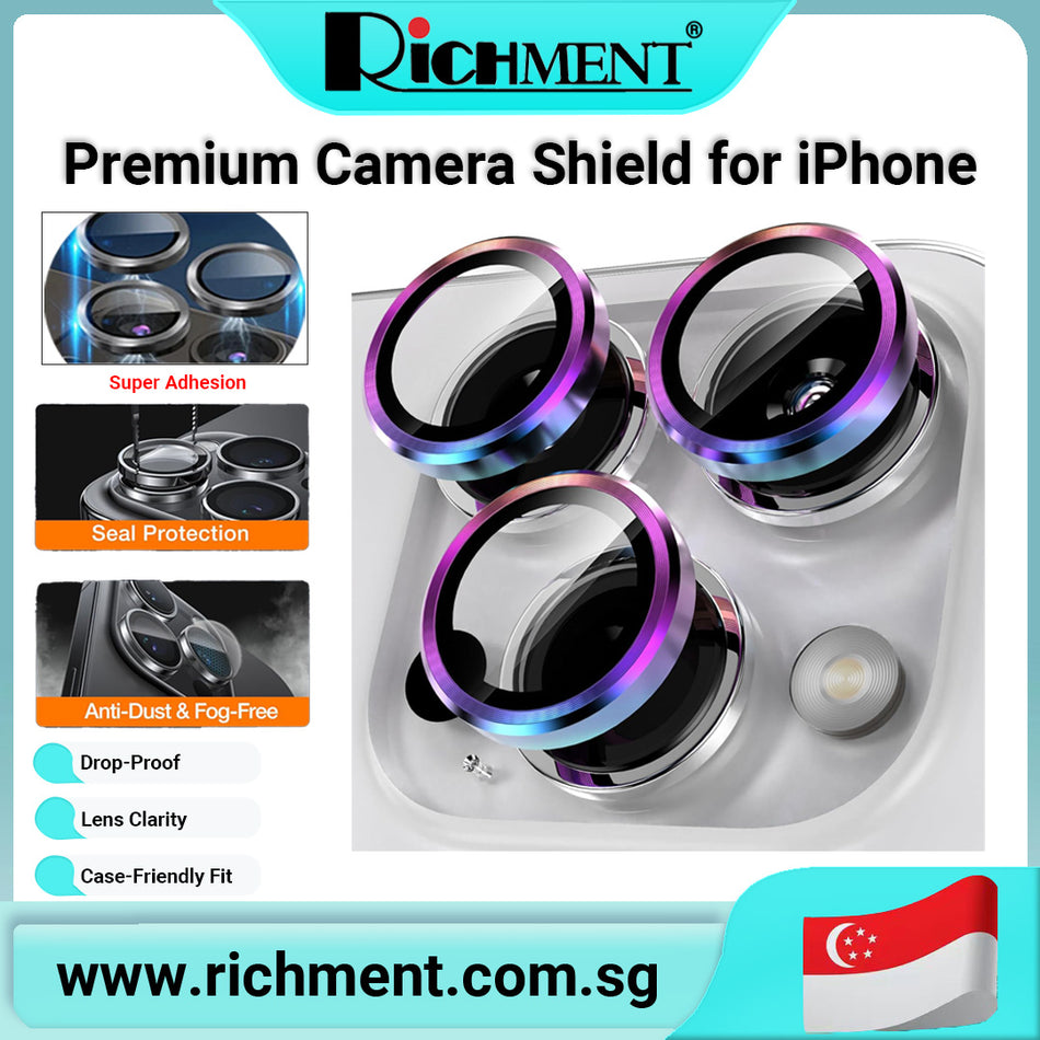 【✅SG Brand🔥】RICHMENT Camera Lens Protector for iPhone 16 / 15 / 14 / 13 / 12 / 11 Series – 9H Tempered Glass with Aluminum Alloy Ring, HD Clarity, Anti-Scratch, Anti-Fingerprint, Case Friendly, Easy to Install – A Great Gift for iPhone Users