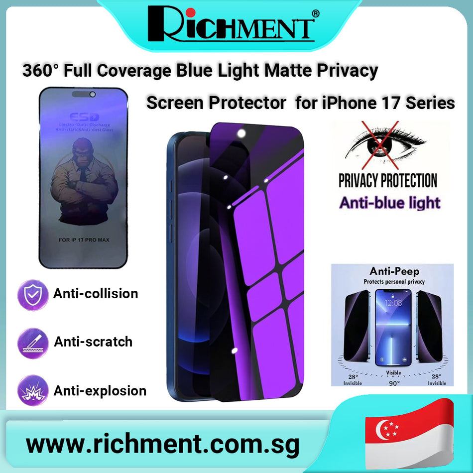 【✅SG Brand🔥】RICHMENT 360° Full Coverage Blue Light Privacy Screen Protector for iPhone 17/17 Pro/17 Pro Max, Anti-Spy Matte Tempered Glass, 25° Viewing Angle, Anti-Glare, Anti-Scratch, Anti-Fingerprint, Easy Installation, Face ID Compatible