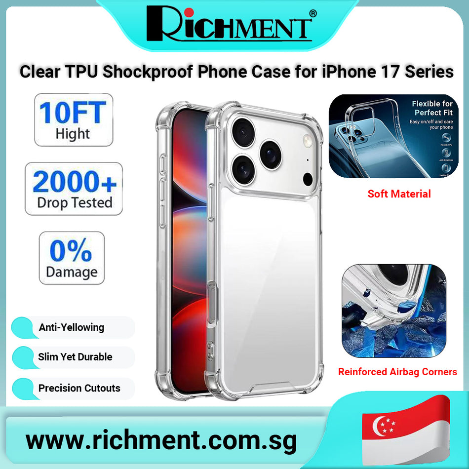 【✅SG Brand🔥】RICHMENT Crystal Clear Protective Case for iPhone 17 / 17 Pro / 17 Pro Max / 17 Air – Hybrid Hard PC + Soft TPU with Air Cushion, 10FT Drop Tested, Anti-Yellow, Raised Camera & Screen Edges, Slim Grip