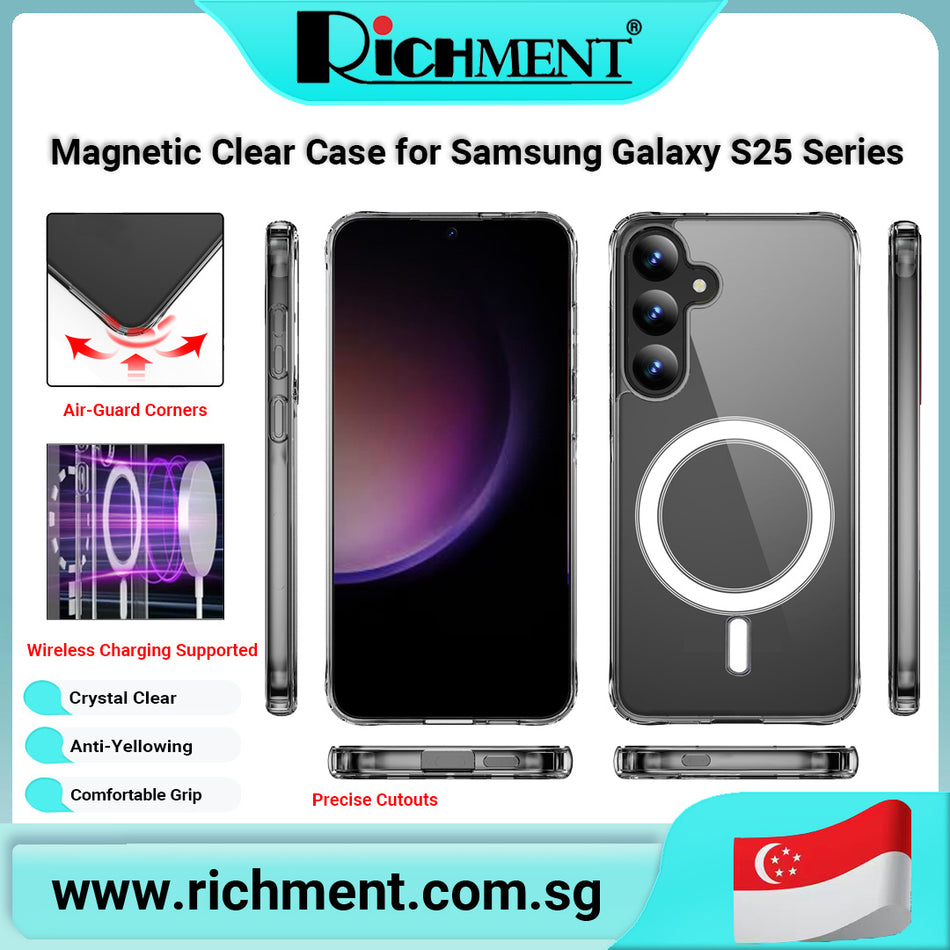 【✅SG Brand🔥】RICHMENT Crystal Clear Magnetic Case for Samsung Galaxy S25 edge / S25 Ultra / S25 Plus / S25 5G – Slim TPU + Hard PC Cover, Shockproof, Anti-Yellowing, Supports Magnetic Wireless Charging | A Sleek & Durable Gift