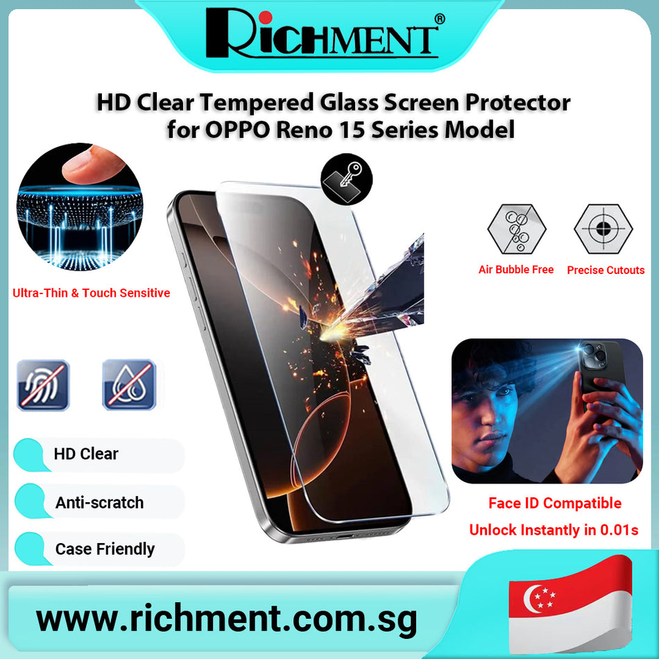 【✅SG Brand🔥】RICHMENT Silk-Printed HD Tempered Glass Screen Protector for OPPO Reno 15/15C/15 Pro/15Pro Max– 9H Hardness, Ultra-Clear, Anti-Scratch, Anti-Fingerprint, Bubble-Free, Case Friendly, Smooth Touch, Full Coverage