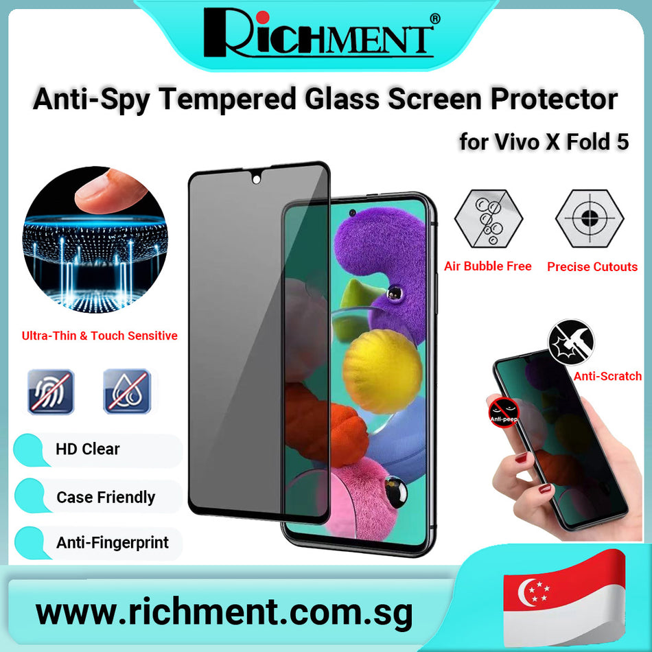 【✅SG Brand🔥】RICHMENT Privacy Tempered Glass Screen Protector for Vivo X Fold 5 – 9H Hardness, Anti-Spy, Shatterproof, HD Clear, Case Friendly
