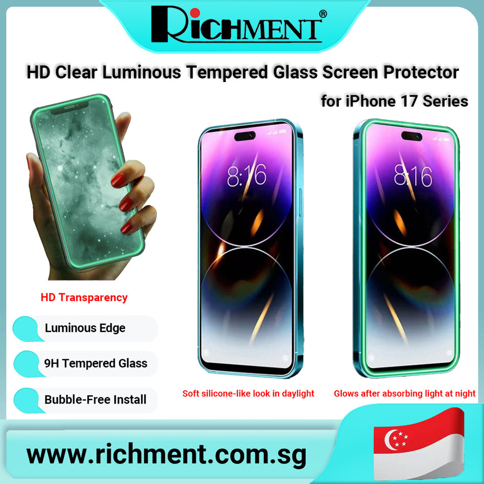 【✅SG SELLER🔥】iPhone 17 / 17 Air / 17 Pro / 17 Pro Max Luminous Tempered Glass Screen Protector – Glow-in-the-Dark Edge, 9H Hardness, HD Clear, Matte Anti-Glare Option, Anti-Scratch, Shockproof, Case Friendly, Bubble-Free Installation