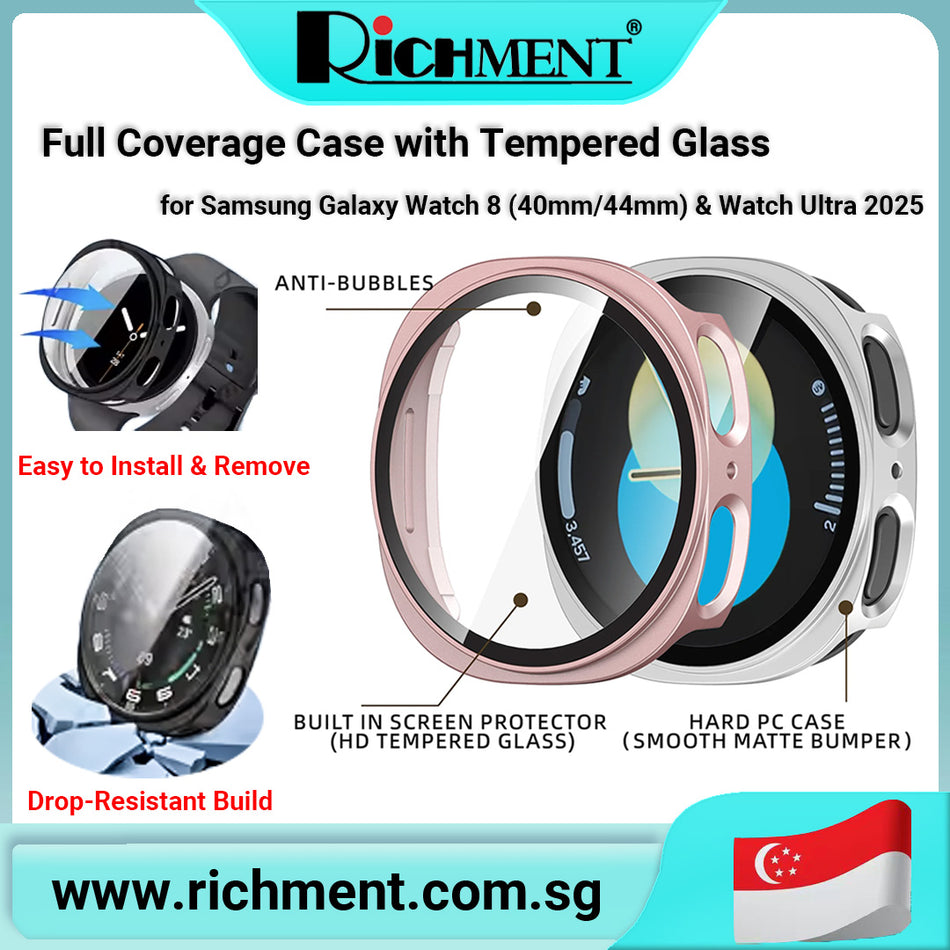 【✅SG Brand🔥】RICHMENT All-in-One Protective Case with Tempered Glass for Samsung Galaxy Watch Ultra 2025 / Watch 8 40mm / 44mm – Full Coverage Anti-Drop Bumper Shell, HD Touch Screen, Easy Install