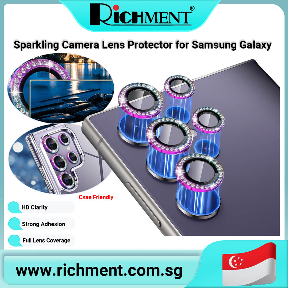 【✅SG Brand🔥】RICHMENT Bling Camera Lens Protector Ring for Samsung Galaxy S25 edge / S25 Plus / S25 / S25 Ultra – Sparkling Metal Frame, HD Clarity Glass, Full Lens Coverage, Strong Adhesion - HD glass lens protector
