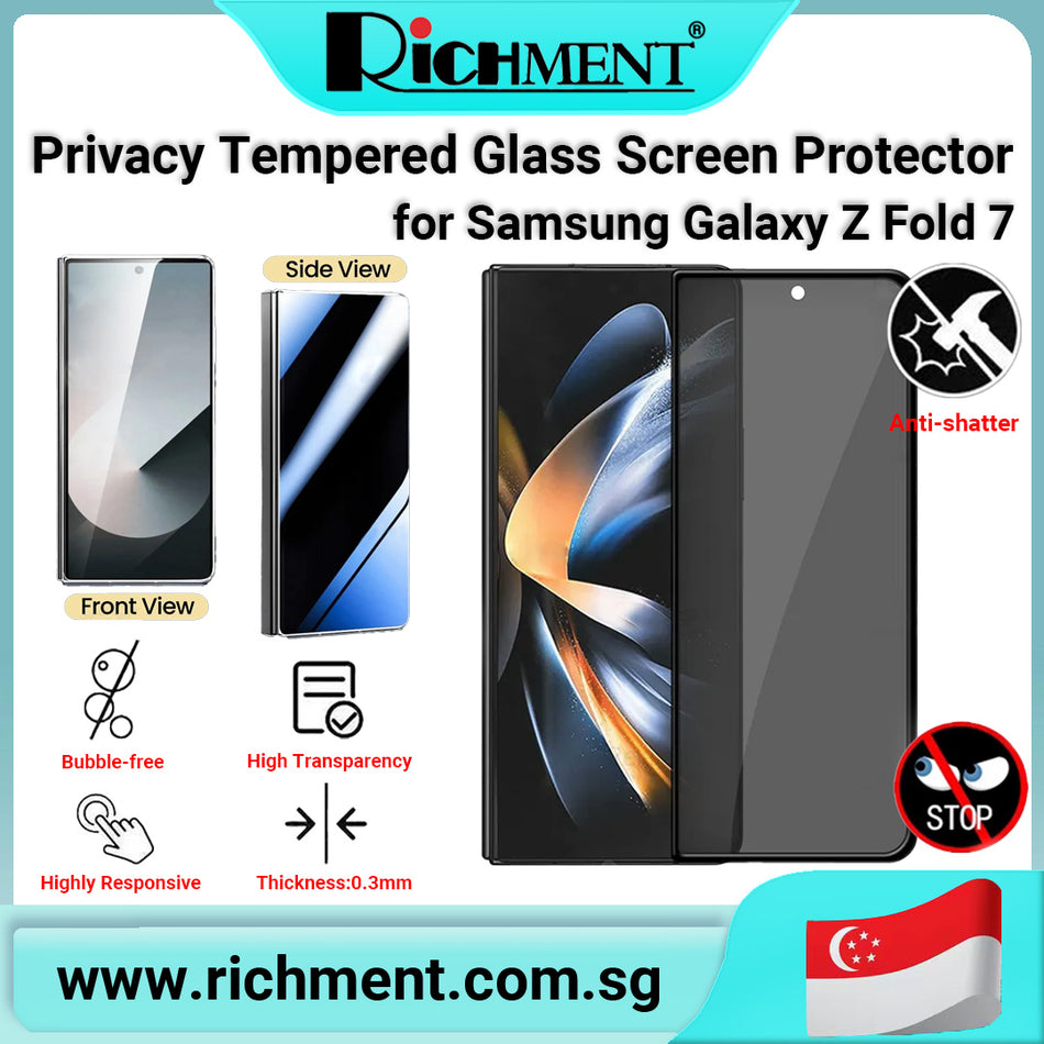 【✅SG Brand🔥】RICHMENT Privacy Tempered Glass Screen Protector for Samsung Galaxy Z Fold 7 – 9H Anti-Scratch, Anti-Fingerprint, 3D Full Coverage, HD Anti-Spy Shield