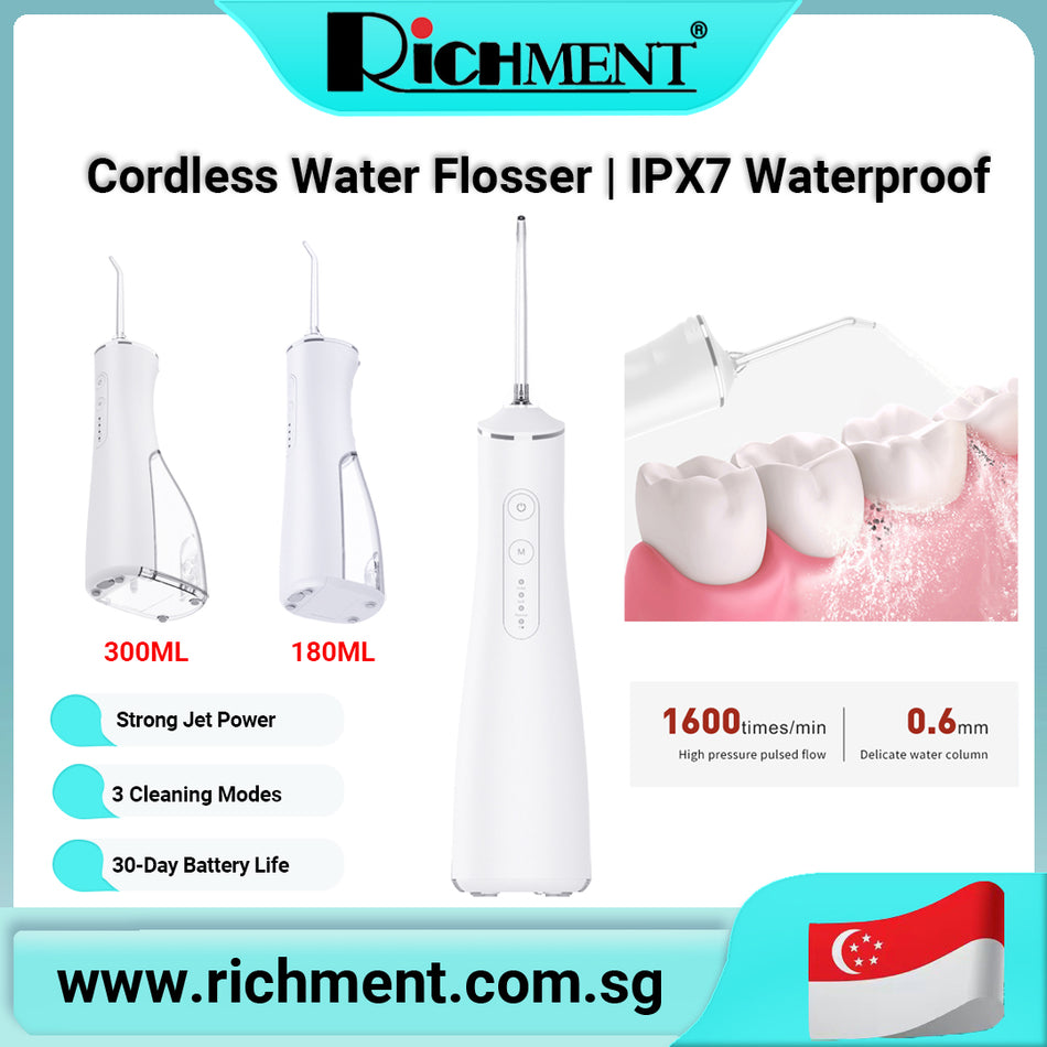 【✅SG Brand🔥】RICHMENT 💧 Cordless Water Flosser with 3 Modes & 4 Nozzles | 180ML & 300ML Detachable Tanks | 140 PSI Jet Power + Smart Memory + IPX7 Waterproof | 30-Day Battery & Base Charging | 🎁 Perfect Gift for Oral Care at Home & Travel