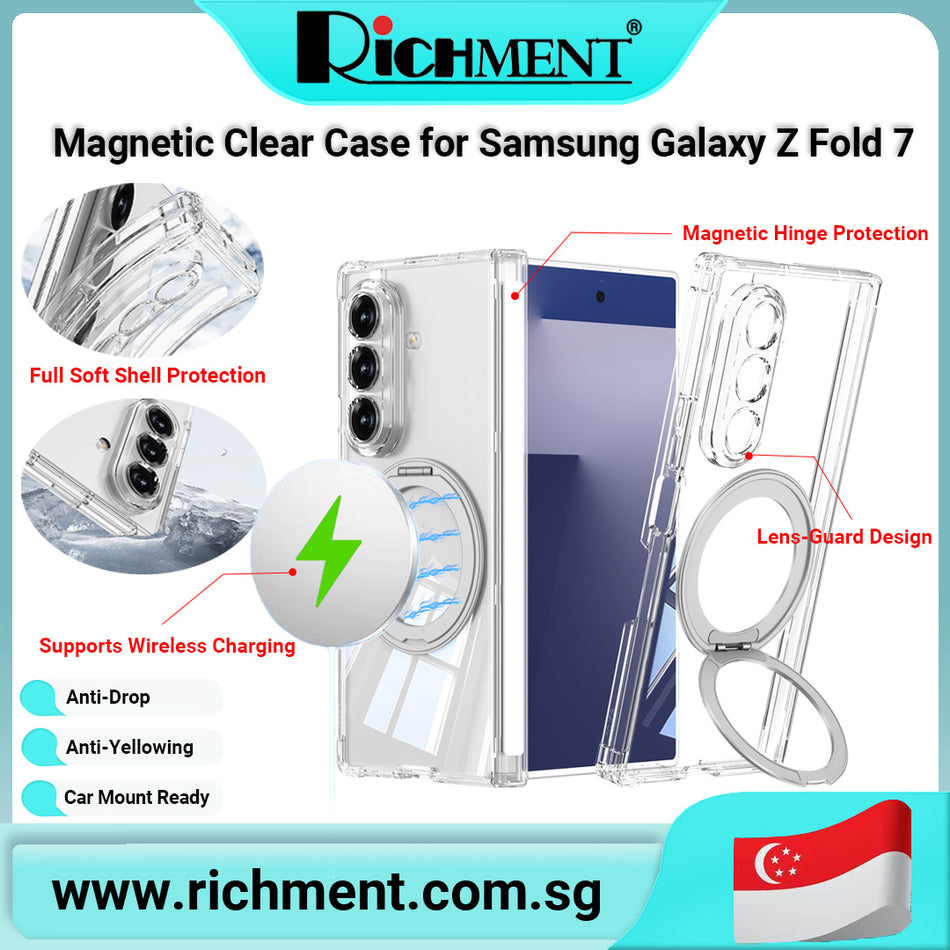 【✅SG Brand🔥】RICHMENT Magnetic Clear Case for Samsung Galaxy Z Fold 7 – Tailored for Foldable Design with Hinge Protection, Shockproof Soft TPU Full-Body Cover, 360° Rotating Kickstand, Anti-Yellowing Transparent Back, Wireless Charging Friendly
