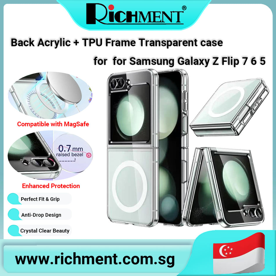 【✅SG Brand🔥】RICHMENT Back Acrylic + TPU Frame Transparent case for Samsung Galaxy Z Flip 7/Z Flip 6/Z Flip 5 5G – Magnetic Slim Hard PC Protective Cover – A Stylish Gift for Fold Phone Lovers