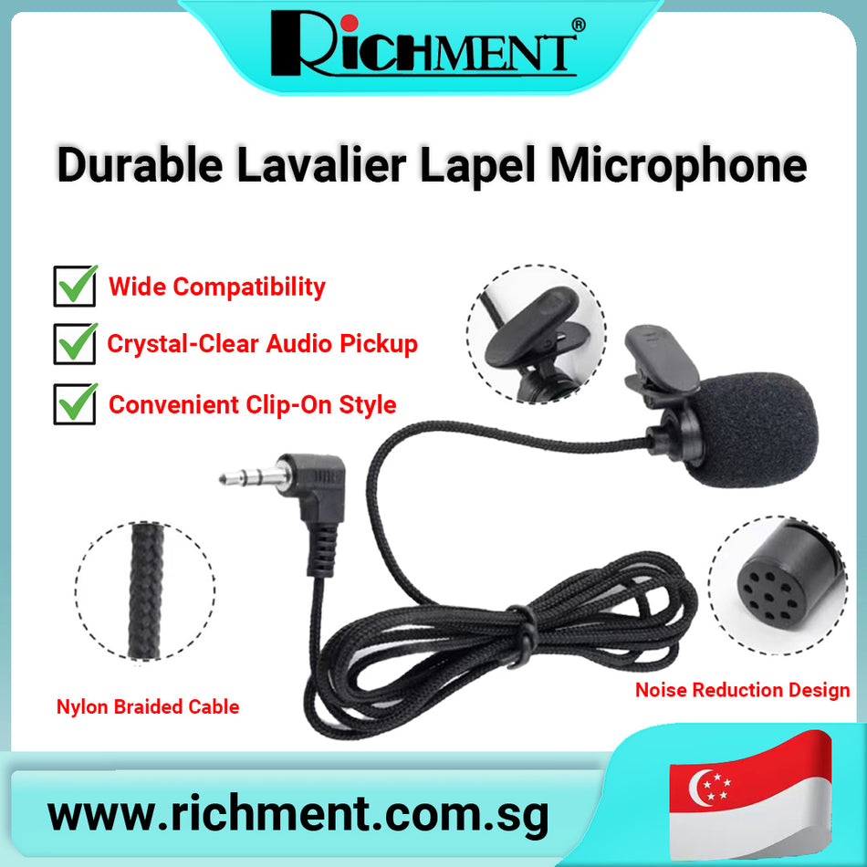 【✅SG Brand🔥】RICHMENT Lavalier Lapel Microphone with 1.2M Durable Nylon Braided Cable, Clip-on Design, 3.5mm Jack, Noise Reduction, Clear Sound Recording for Smartphones, Cameras, Laptops & More|🎁 Perfect Gift for Birthday & Christmas