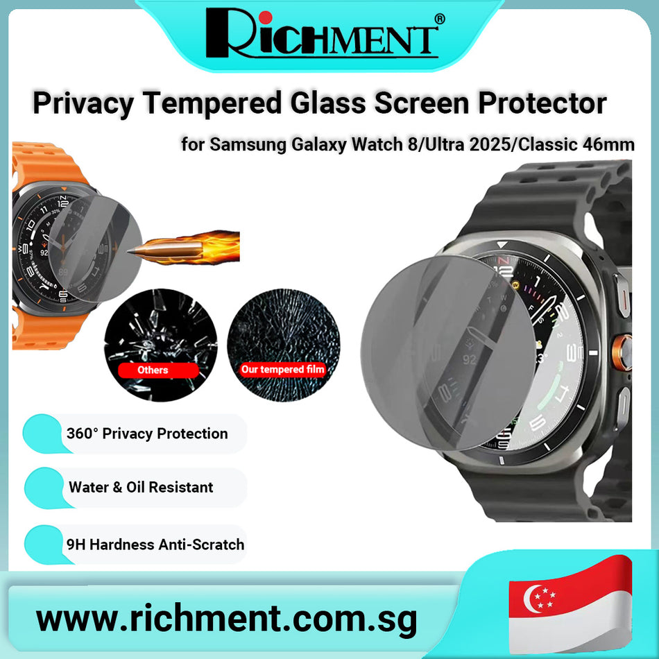 【✅SG Brand🔥】RICHMENT Privacy Tempered Glass Screen Protector for Samsung Galaxy Watch 8/Ultra 2025/Classic 46mm – Anti-Spy 9H Hardness, Anti-Fingerprint, 360° Privacy, Touch Sensitive