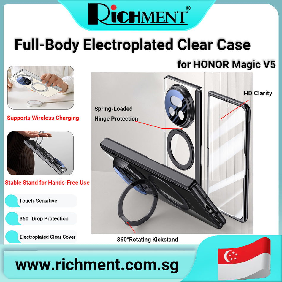 【✅SG Brand🔥】RICHMENTRICHMENT Clear Magnetic Case for HONOR Magic V5 High Clear Case & Anti-SPY  – Electroplated Full-Body Cover with Ring Kickstand, Spring Hinge Protection, Magnetic Charging Compatible, Built-in HD Tempered Glass Screen Protector