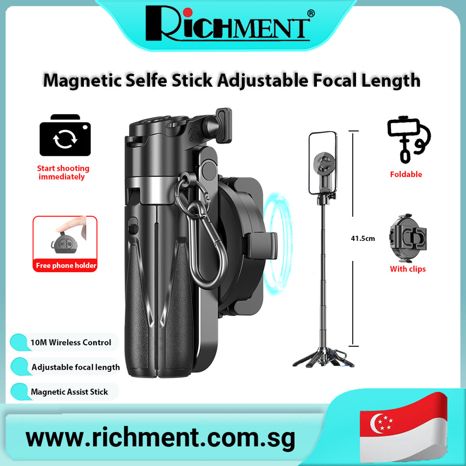 【✅SG Brand🔥】RICHMENT Upgrade 5-in-1 Multi-Functional 360° Rotating Magnetic Selfie Stick with Zoom Master and Remote Control, Pocket-Sized Tripod Handle with Extendable Support for Smart Phone Photography for Video Recording & Vlogging Perfet Gift