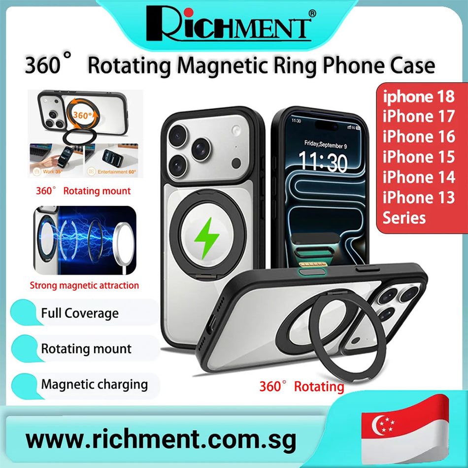 【✅SG Brand🔥】RICHMENT Clear Magnetic Ring Kickstand Case for iPhone 18/ 18 Pro/ 18 Pro max/ iPhone17/17 Air/17 Pro /17 Pro Max/16/ 16 Pro/16 Plus/15/15 Pro/15 Pro Max/14/ 14 Plus/13/13 Pro Max, Strong Magnetic Support Wireless Charging, Anti-Yellowing