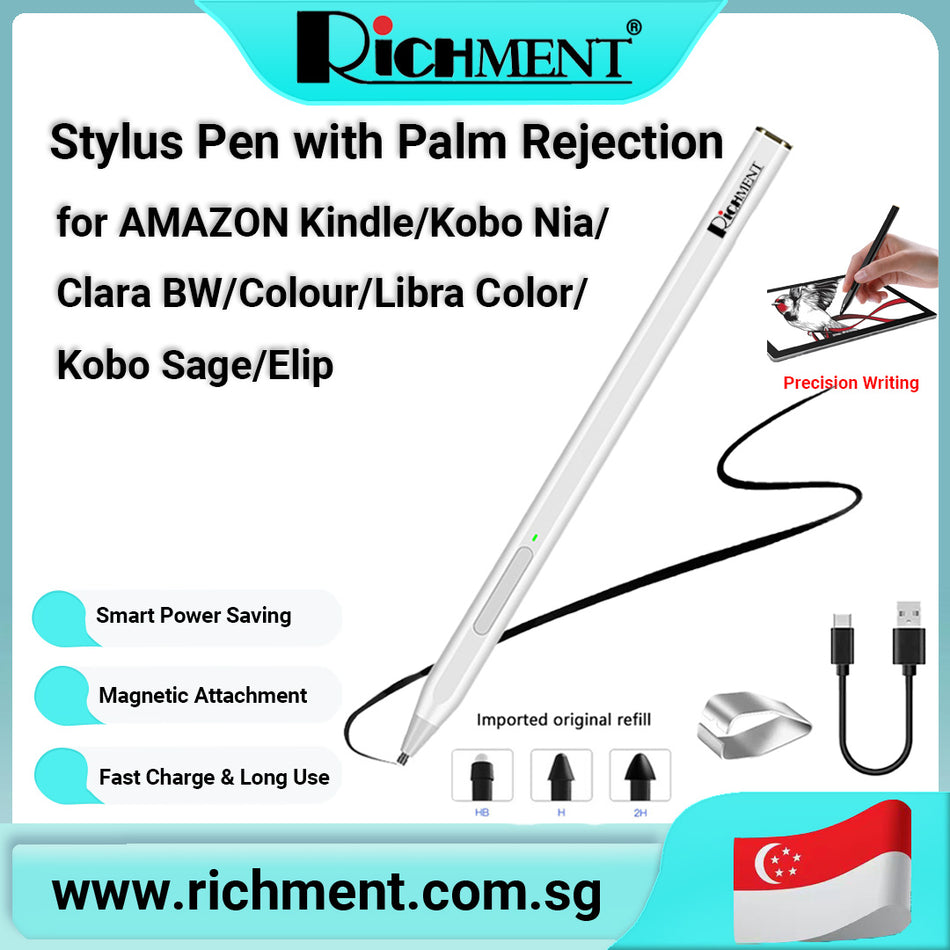 【✅SG Brand🔥】RICHMENT Stylus Pen for Amazon Kindle / Kobo Nia / Clara BW & Colour / Libra Color / Kobo Sage / Elip Series, Rechargeable Digital Pencil with Palm Rejection, 4096 Pressure Sensitivity, Tilt Function, Magnetic Attach