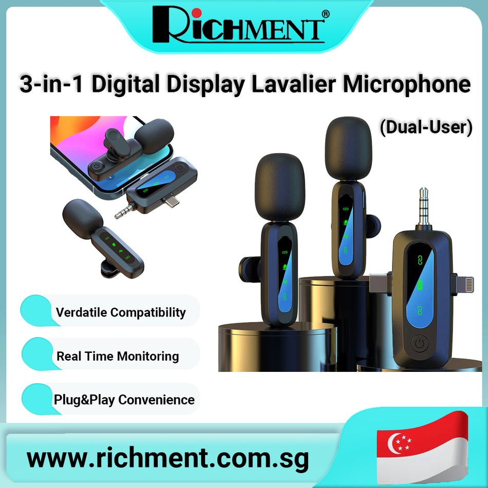 【✅SG Brand🔥】RICHMENT 3-in-1 Wireless Lavalier Microphone with Digital Display – Clip-on Mic for iPhone /Android/Camera, Noise Cancelling, Plug & Play, for Vlogging, Live Streaming, Recording