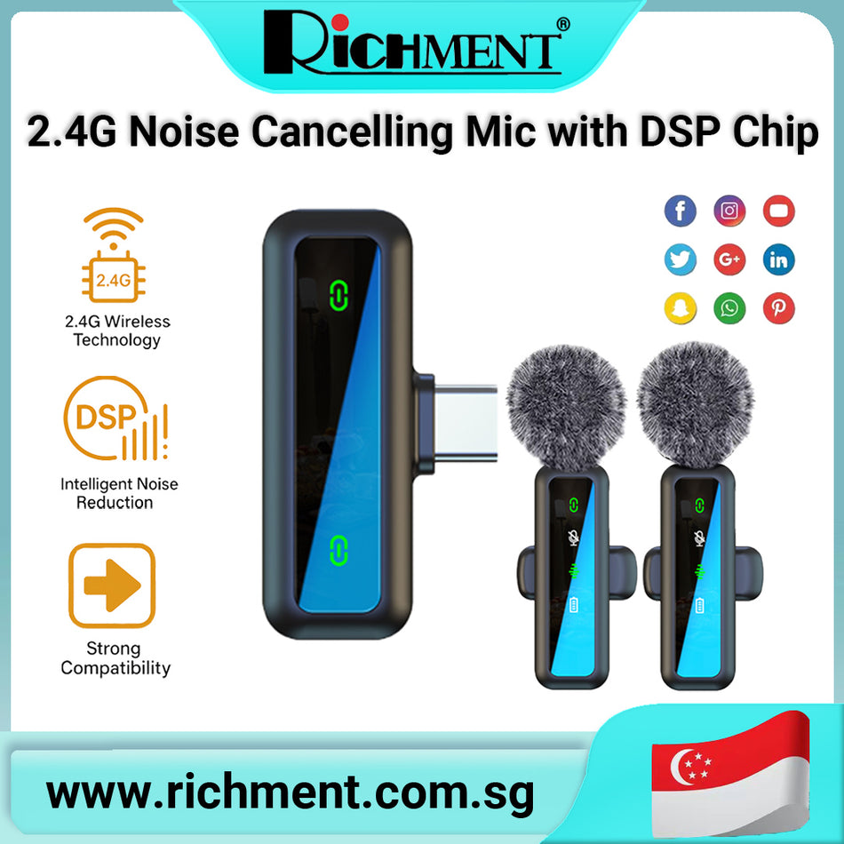 【✅SG Brand🔥】RICHMENT Wireless Lavalier Microphone  | Plug & Play | 360° Pickup | DSP Noise Reduction | Type-C & Lightning Compatible  |🎁 Perfect Gift for Birthday & Christmas