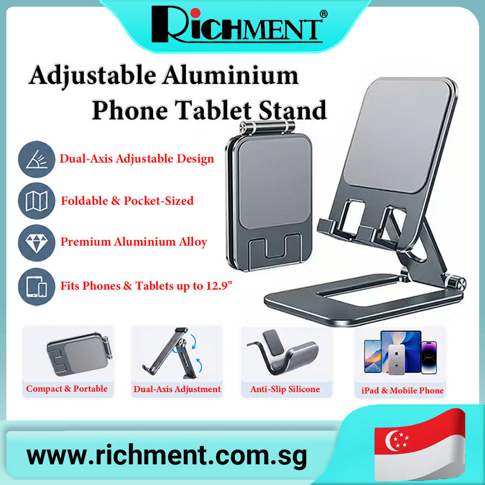 【✅SG Brand🔥】Richment Adjustable Aluminium Phone Tablet Stand Foldable Dual-Axis Portable Desk Holder All-Aluminum All-aluminum alloy chassis