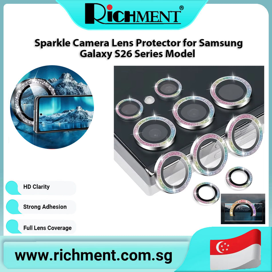 【✅SG Brand🔥】RICHMENT  Glitter Camera Lens Protector Ring – Shimmering metallic frame, high-definition lens glass, full-coverage lens protection, strong adhesive bond – High-definition glass lens protector  for Samsung Galaxy S26/S26 Plus/ S26 Ultra