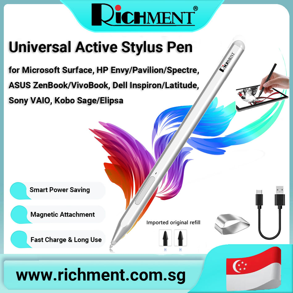 【✅SG Brand🔥】RICHMENT Stylus Pen for for Microsoft Surface, HP Envy/Pavilion/Spectre, ASUS ZenBook/VivoBook, Dell Inspiron/Latitude,  Sony VAIO, Kobo Sage/Elipsa, 4096 Pressure Sensitivity, Tilt Function, Magnetic Attach