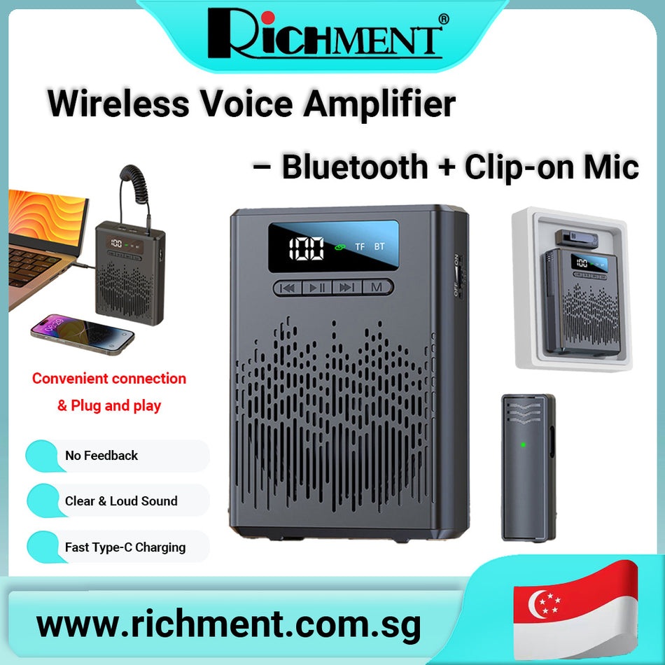 【✅SG Brand🔥】RICHMENT Wireless Voice Amplifier with Bluetooth & Clip-on Microphone – Portable Rechargeable PA System with DSP Noise Reduction, No Feedback, LED Display – for Teachers, Seniors, Tour Guides, Outdoor Speaking Events