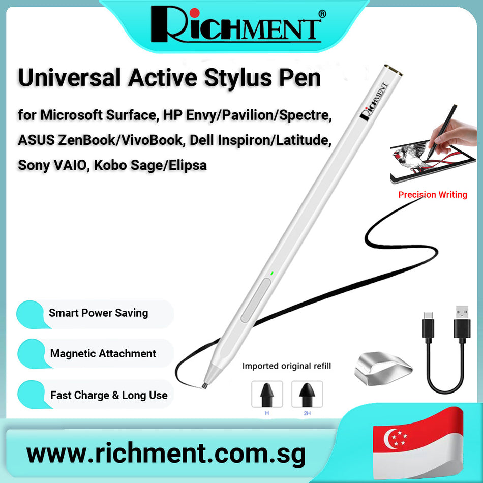 【✅SG Brand🔥】RICHMENT Stylus Pen for for Microsoft Surface, HP Envy/Pavilion/Spectre, ASUS ZenBook/VivoBook, Dell Inspiron/Latitude,  Sony VAIO, Kobo Sage/Elipsa, 4096 Pressure Sensitivity, Tilt Function, Magnetic Attach