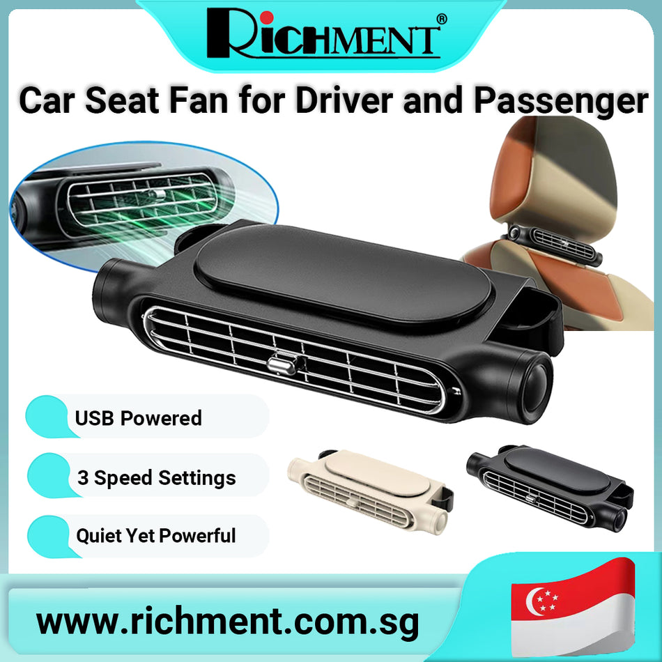 【✅SG Brand🔥】RICHMENT Car Fan for Driver and Passenger ' s Seat - Mini Car Seat Fan Portable USB Backseat Cooling Fan Kids Baby Quiet Headrest Neck Fan 3 Speeds for All Cars Vehicle Van RV Truck