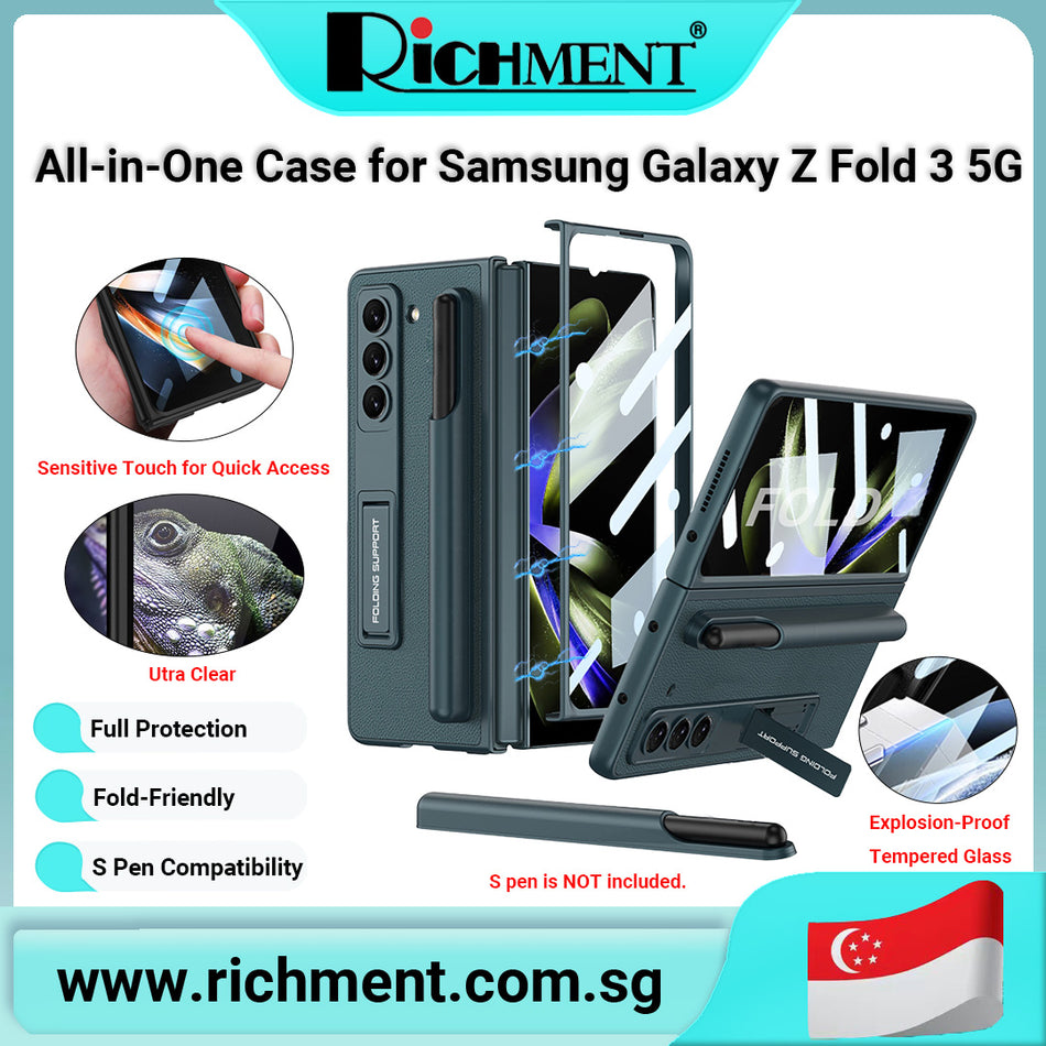 【✅SG Brand🔥】RICHMENT All-in-One Case for Samsung Galaxy Z Fold 3 with HD Tempered Glass, Pen Holder & Kickstand & Magnetic Hinges – Leather Texture Protective Cover, Wireless Charging Support, S Pen Compatible | S pen Not Included