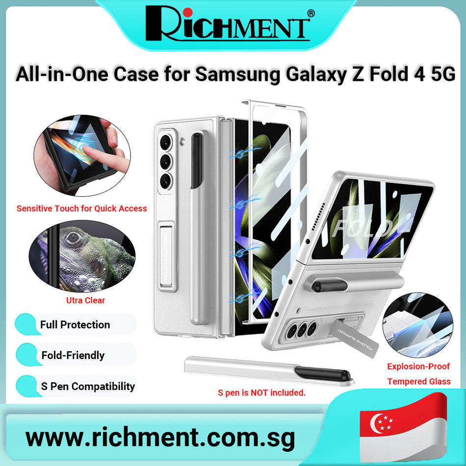 【✅SG Brand🔥】RICHMENT  All-in-One Case for Samsung Galaxy Z Fold 4 with HD Tempered Glass, Pen Holder & Kickstand & Magnetic Hinges – Leather Texture Protective Cover, Wireless Charging Support, S Pen Compatible | S pen Not Included