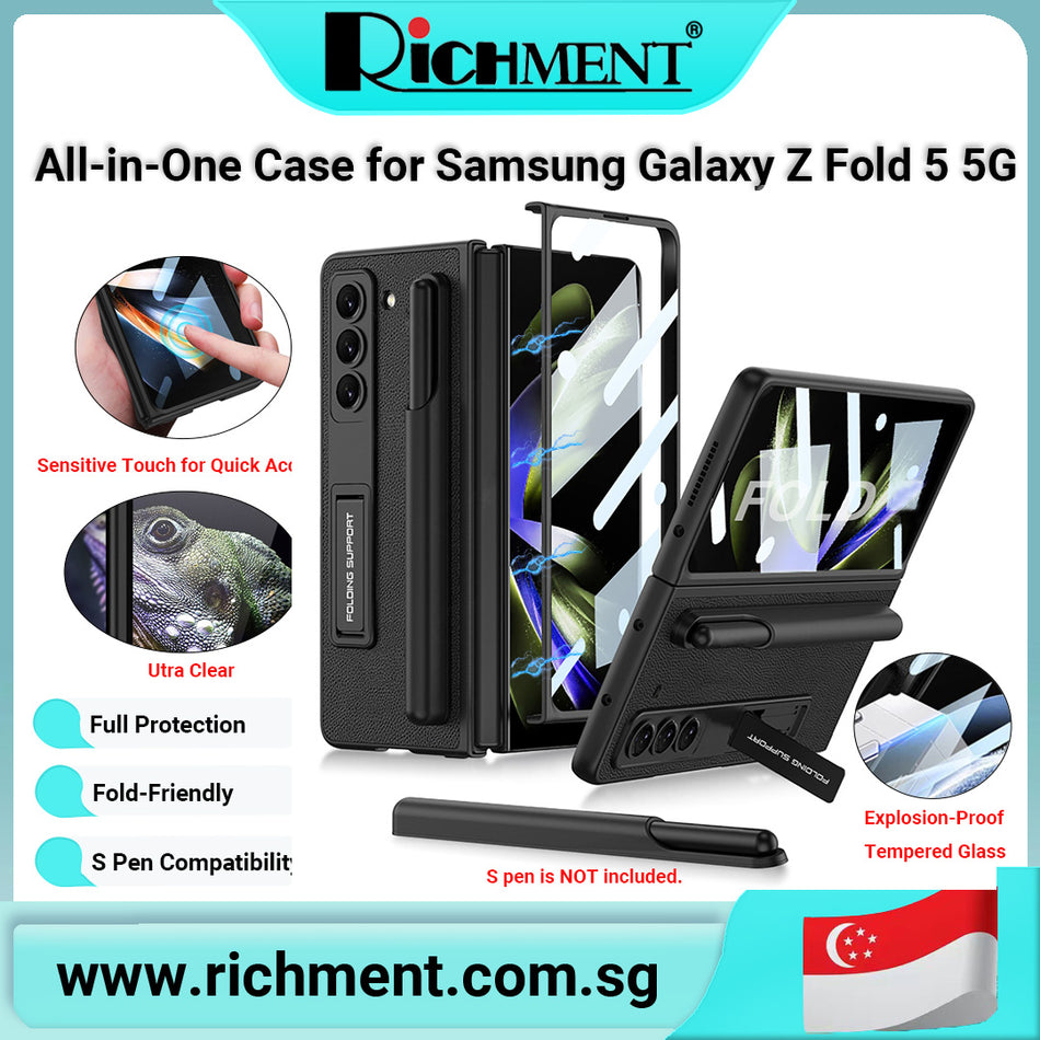 【✅SG Brand🔥】RICHMENT  All-in-One Case for Samsung Galaxy Z Fold 5 with HD Tempered Glass, Pen Holder & Kickstand & Magnetic Hinges – Leather Texture Protective Cover, Wireless Charging Support, S Pen Compatible | S pen Not Included
