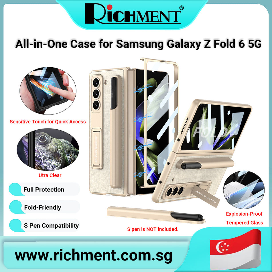 【✅SG Brand🔥】RICHMENT  All-in-One Case for Samsung Galaxy Z Fold 6 with HD Tempered Glass, Pen Holder & Kickstand & Magnetic Hinges – Leather Texture Protective Cover, Wireless Charging Support, S Pen Compatible | S pen Not Included