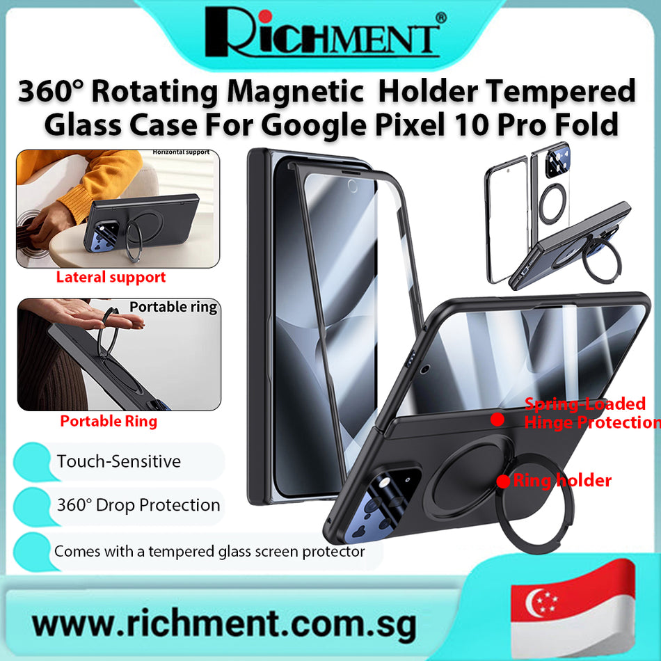 【✅SG Brand🔥】RICHMENT Magnetic Metal Holder Tempered Glass Film Full Protect Case For Google Pixel 10 Pro Fold Spring Hing Transparent &  Black
