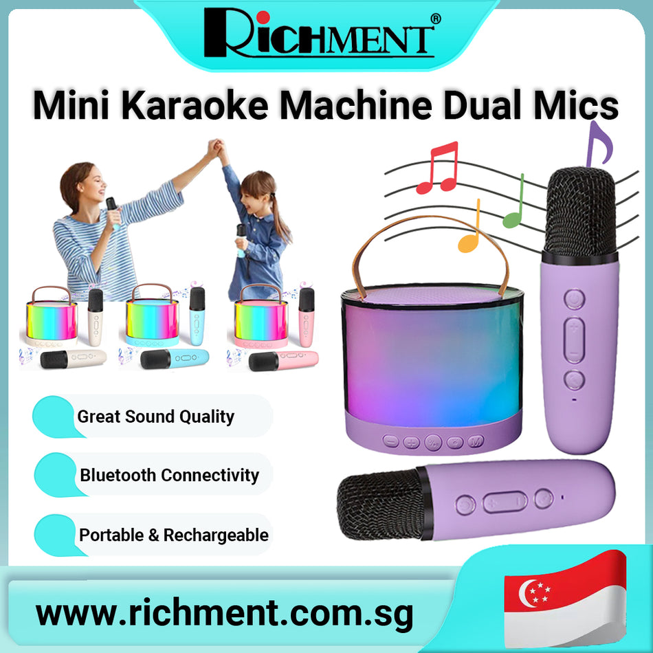 【✅SG Brand🔥】RICHMENT Mini Karaoke Machine for Kids Adults, Portable Bluetooth Karaoke Speaker with 2 Wireless Microphone and Lights, Best Gifts for Girls Boys Ages 4, 5, 6, 7, 8, 9, 10, 12+ Family Home Party