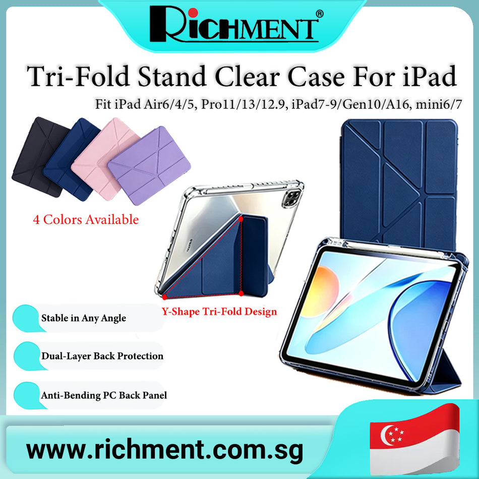 【✅SG Brand🔥】RICHMENT Tri-Fold Stand Available Y-Shape Tri-Fold PU Leather protective Clear Case for iPad Air 6/4/5 Pro11/13  iPad Air6/4/5, Prol1/13/12.9, iPad7-9/Gen10/A16, mini6/7