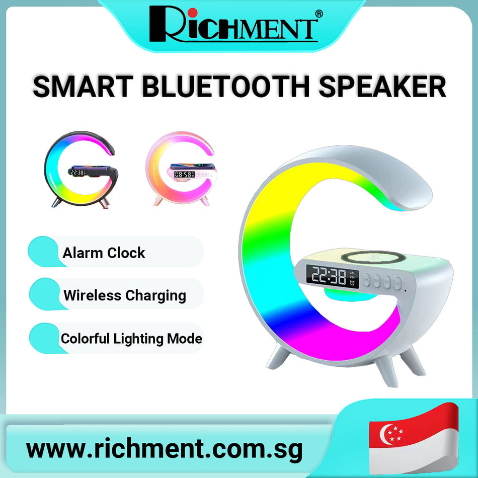 【✅SG Brand🔥】RICHMENT Bluetooth Speaker Wireless Charger with Portable Speaker,Wireless Atmosphere Lamp,Multifunctional RGB Night Light Alarm Clock & Charging Station,App Control
