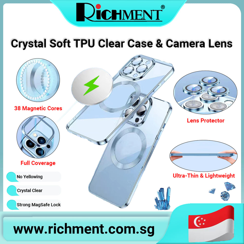 【✅SG Brand🔥】RICHMENT Crystal Clear Soft TPU Case with Full Camera Lens Protector for iPhone 16 / 15 / 14 / 13 Series – Shockproof Slim Magnetic Charging-Compatible Cover, Anti-Yellowing, Scratch Resistant & Slim Fit -  Ideal for Everyday iPhone Protection