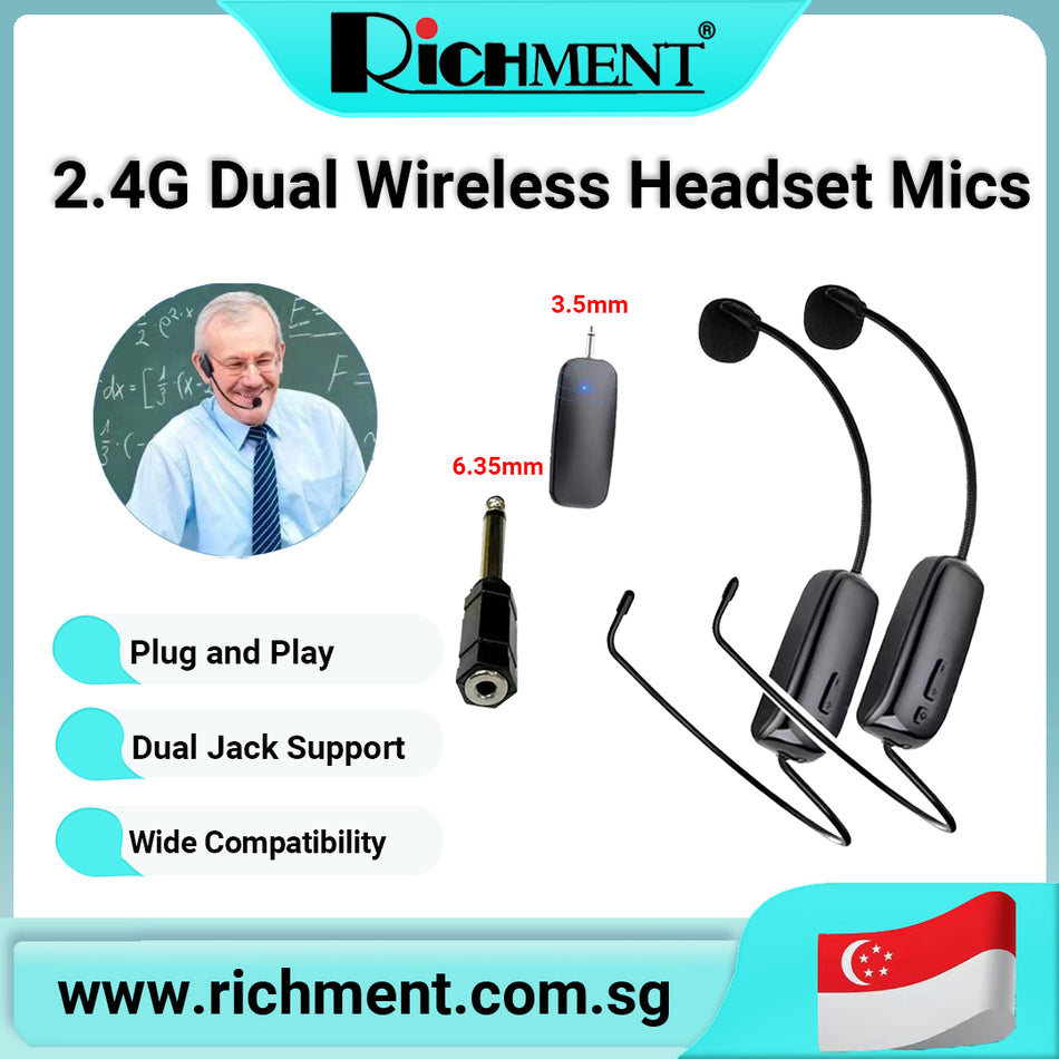 【✅SG Brand🔥】RICHMENT Wireless Microphone System for 2 People, 2.4G UHF Dual Wireless Headset Mics Wireless Headset & Handheld Mic Head Microphones For Speakers, Voice Amplifier, PA System, Teacher, Tour Guides, Fitness Instructor