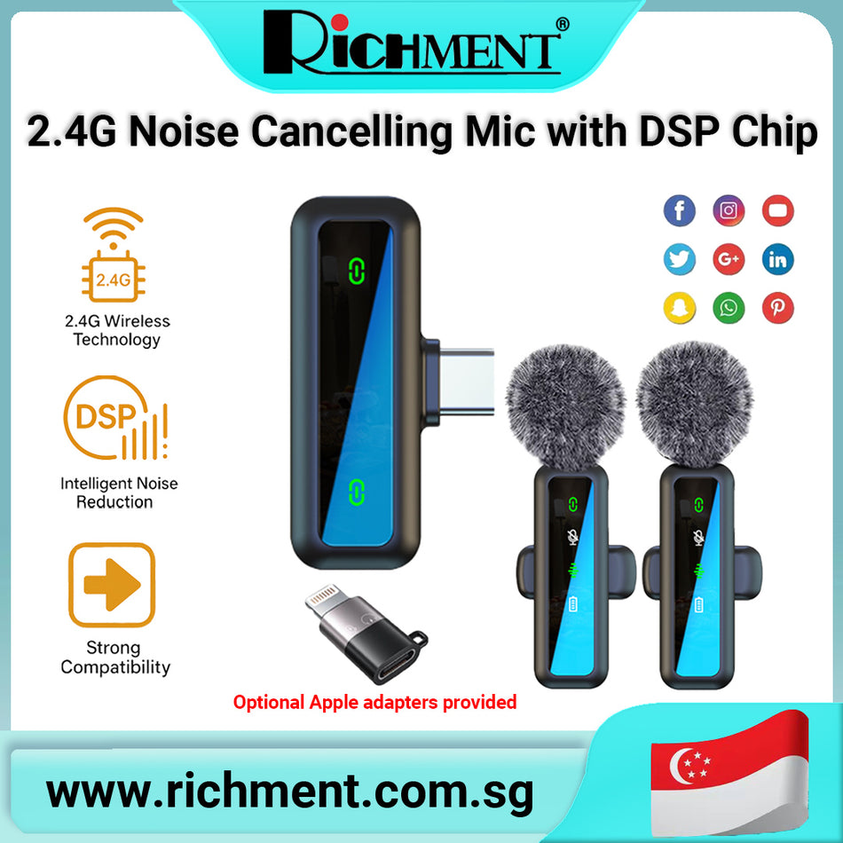 【✅SG Brand🔥】RICHMENT Wireless Lavalier Microphone  | Plug & Play | 360° Pickup | DSP Noise Reduction | Type-C & Lightning Compatible  |🎁 Perfect Gift for Birthday & Christmas