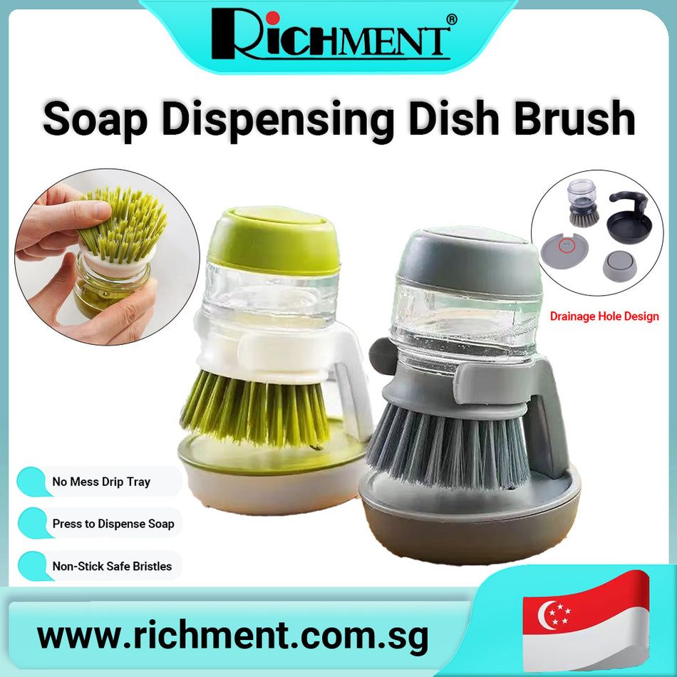 【✅SG Brand🔥】RICHMENT Soap Dispensing Dish Brush with Storage Stand – Kitchen Scrub Brush with Replaceable Nylon Bristles for Pots, Pans, Sink & Non-Stick Cookware