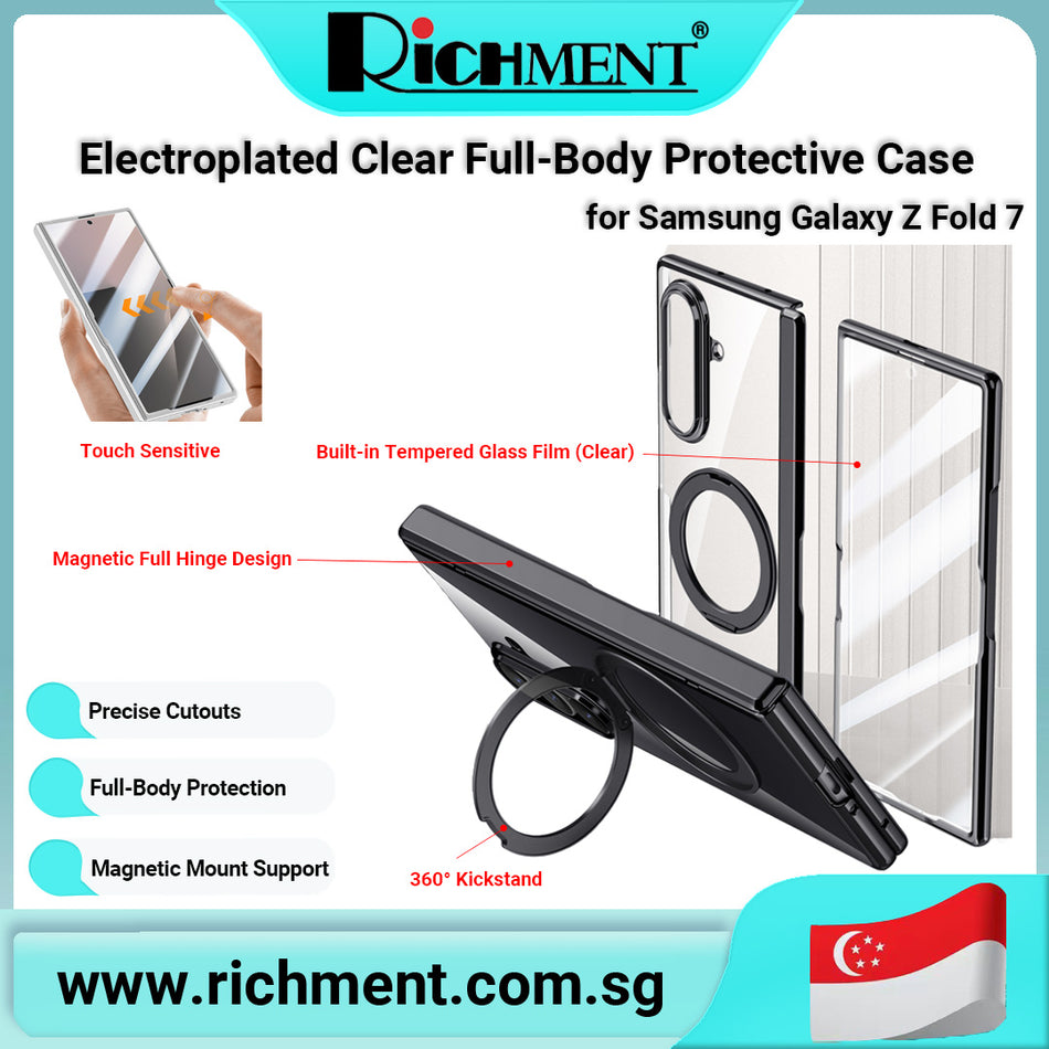 【✅SG Brand🔥】RICHMENT Electroplated Clear Full-Body Protective Case for Samsung Galaxy Z Fold7 with Built-in Tempered Glass Film, 360° Rotating Kickstand, Magnetic Mount Support, Touch Sensitive, Magnetic Full Hinge Design, Precise Cutouts