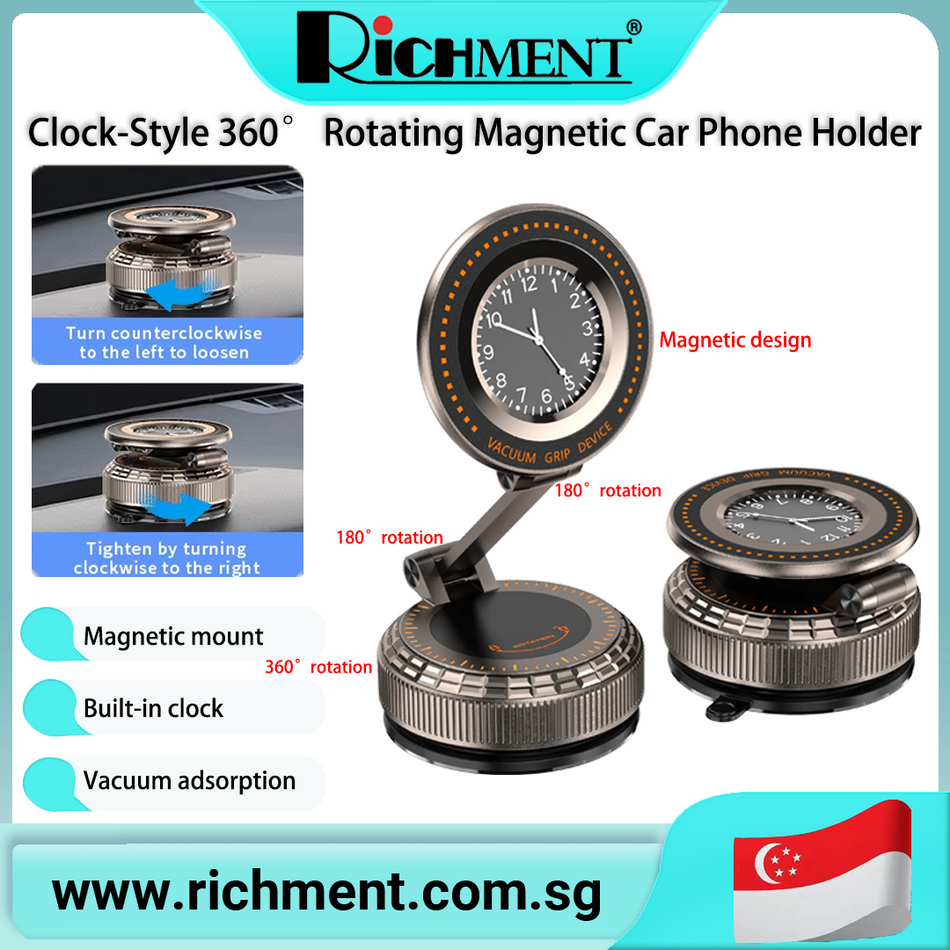 【✅SG Brand🔥】RICHMENT Magnetic Clock Car Phone Holder Vacuum Suction Dashboard Mount 360° Adjustable Foldable Zinc Alloy Stand Strong Magnetic Phone Mount with Built-in Clock Compatible with iPhone Samsung Xiaomi Huawei Android Smartphones