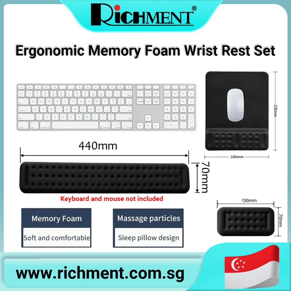 【✅SG Brand🔥】RICHMENT Ergonomic Memory Foam Wrist Rest Set for Keyboard and Mouse – Soft & Breathable Support Pads with Massage Design, Non-Slip Base, Easy to Clean – Pain Relief Cushion for Office & Gaming, Black